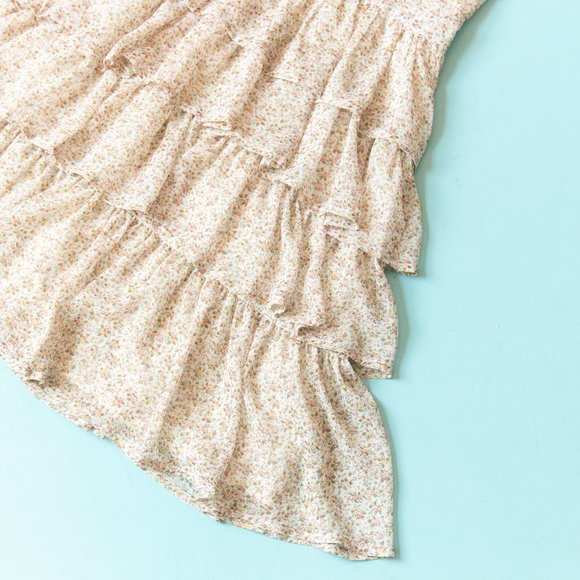 Storia Cream Micro Floral Puff Sleeve V-Neck Ruffle Skirt Mini Dress Size Small - Picture 2 of 9